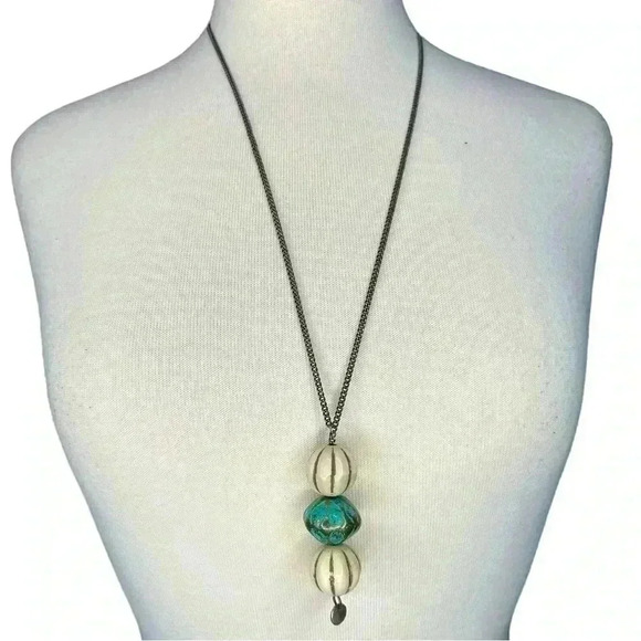 Jewelry - Beaded sweater necklace blue white and gold